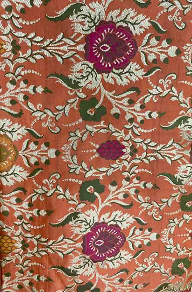 Orange Banarasi KimKhwab Silk Meenakari Fabric ( 1 Mtr )