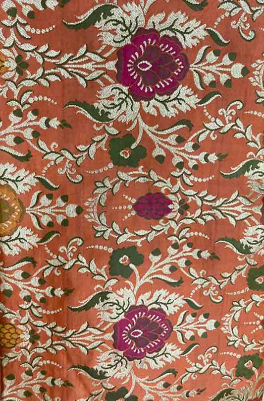 Orange Banarasi KimKhwab Silk Meenakari Fabric ( 1 Mtr ) - Luxurion World