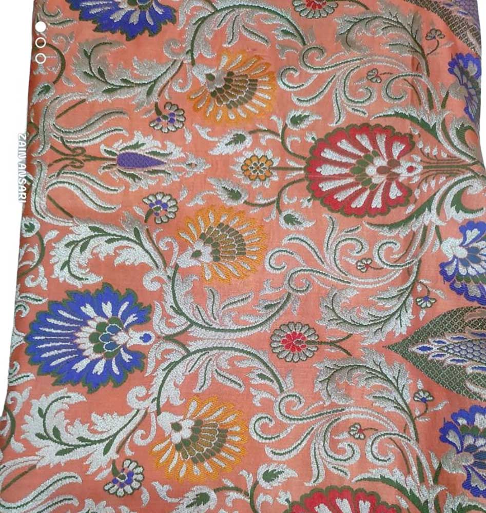 Orange Banarasi Kimkhwab Silk Meenakari Fabric ( 1 Mtr ) - Luxurion World