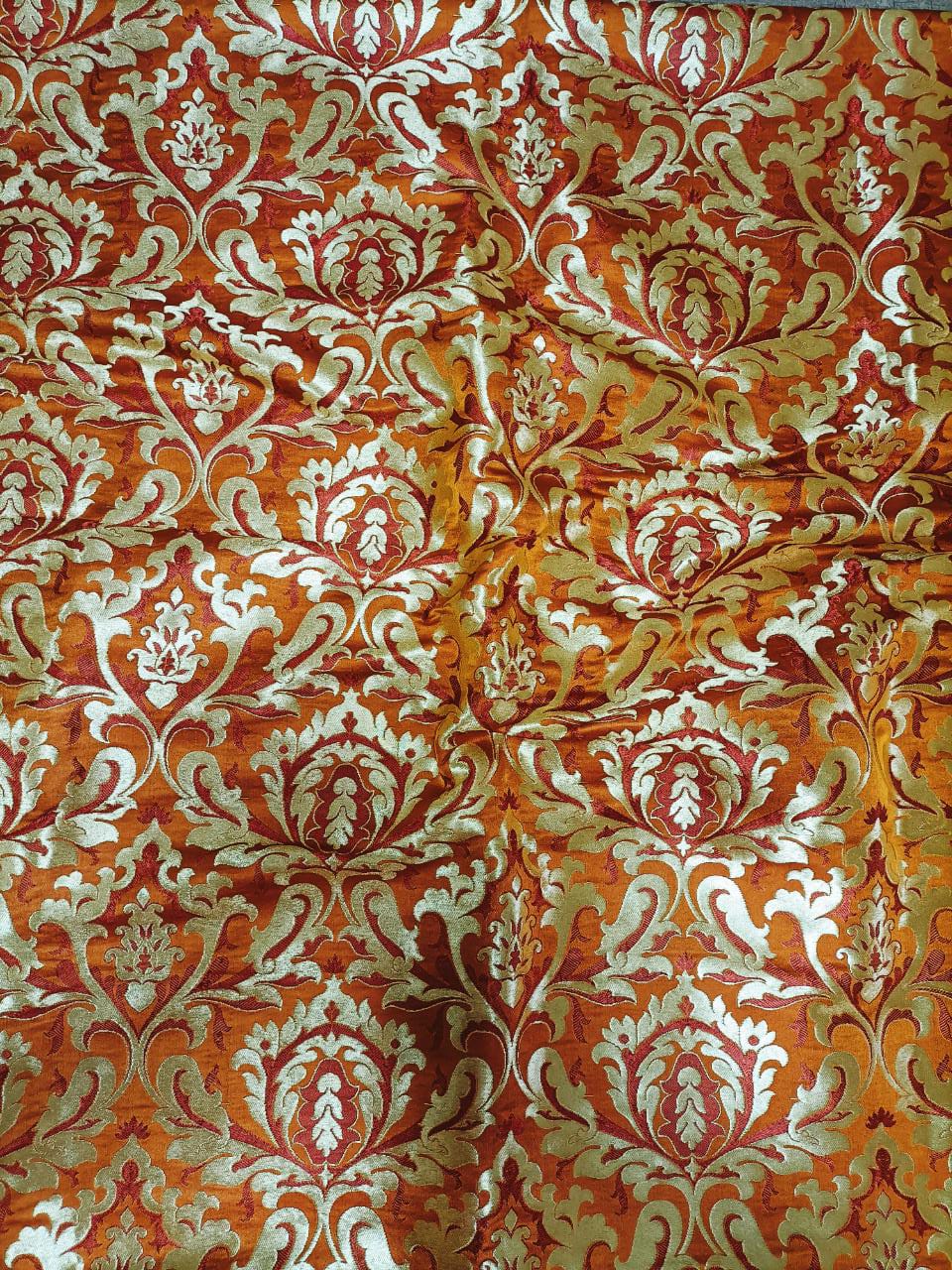 Orange Banarasi Kimkhwab Silk Fabric  ( 1 Mtr ) - Luxurion World