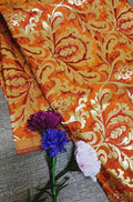 Orange Banarasi Kimkhwab Silk Fabric  ( 1 Mtr ) - Luxurion World