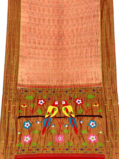 Orange Bandhani Paithani Pure Silk Parrot And Floral Design Saree With Triple Muniya Border - Luxurion World