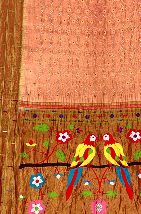 Orange Bandhani Paithani Pure Silk Parrot And Floral Design Saree With Triple Muniya Border