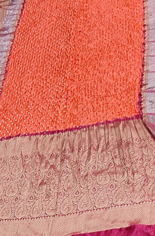 Orange Bandhani Pure Silk Kanjeevaram Border Saree - Luxurion World
