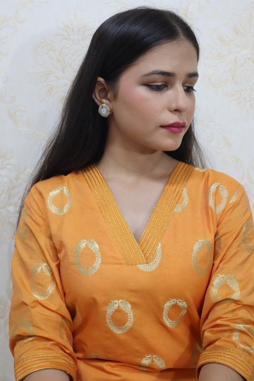 Stylish Orange Brocade V Neck Kurti Straight Pant Combo