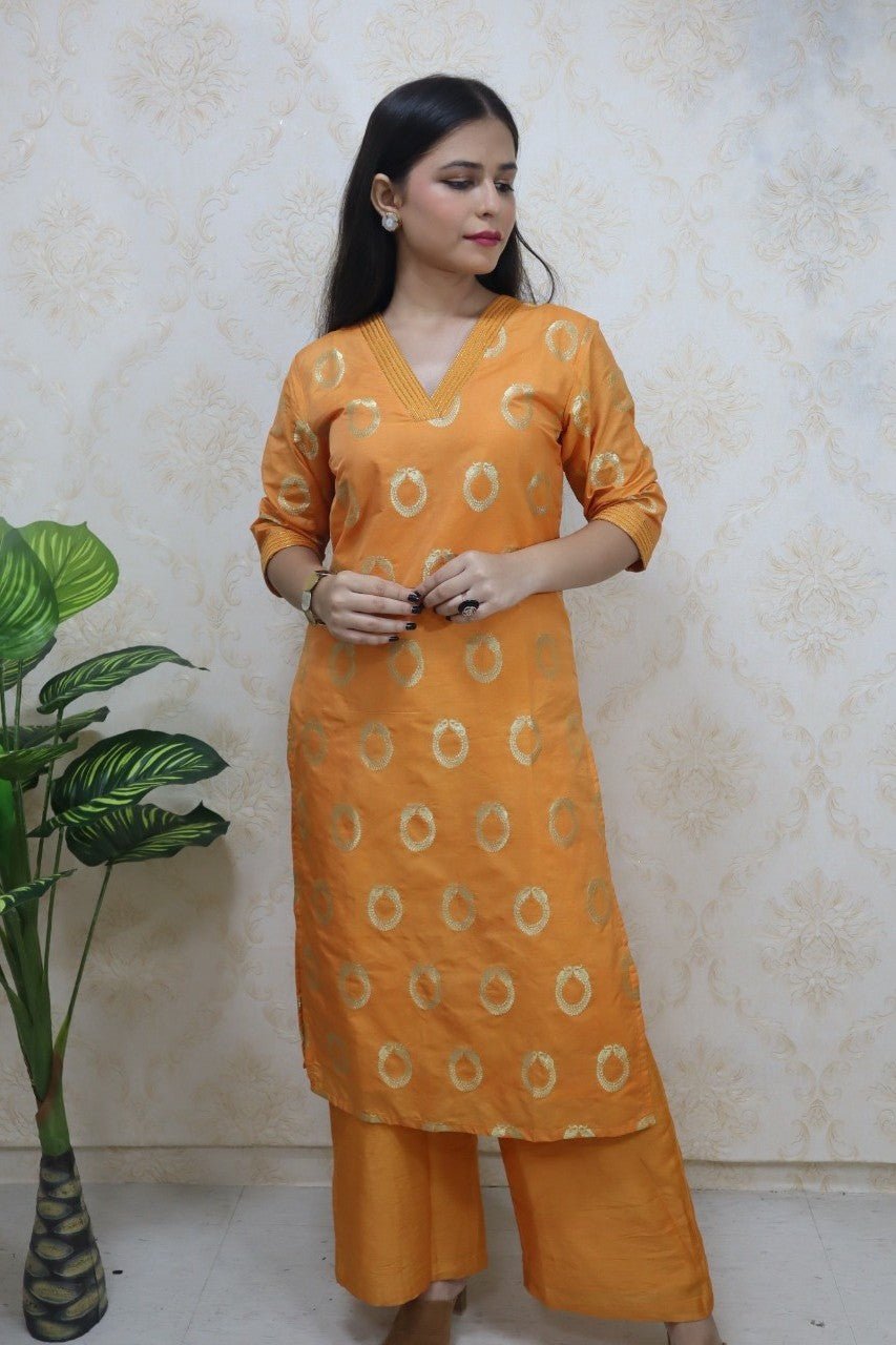 Orange Brocade V Neck Kurti With Straight Pant - Luxurion World