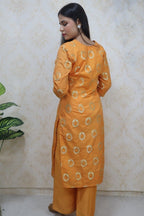 Orange Brocade V Neck Kurti With Straight Pant - Luxurion World