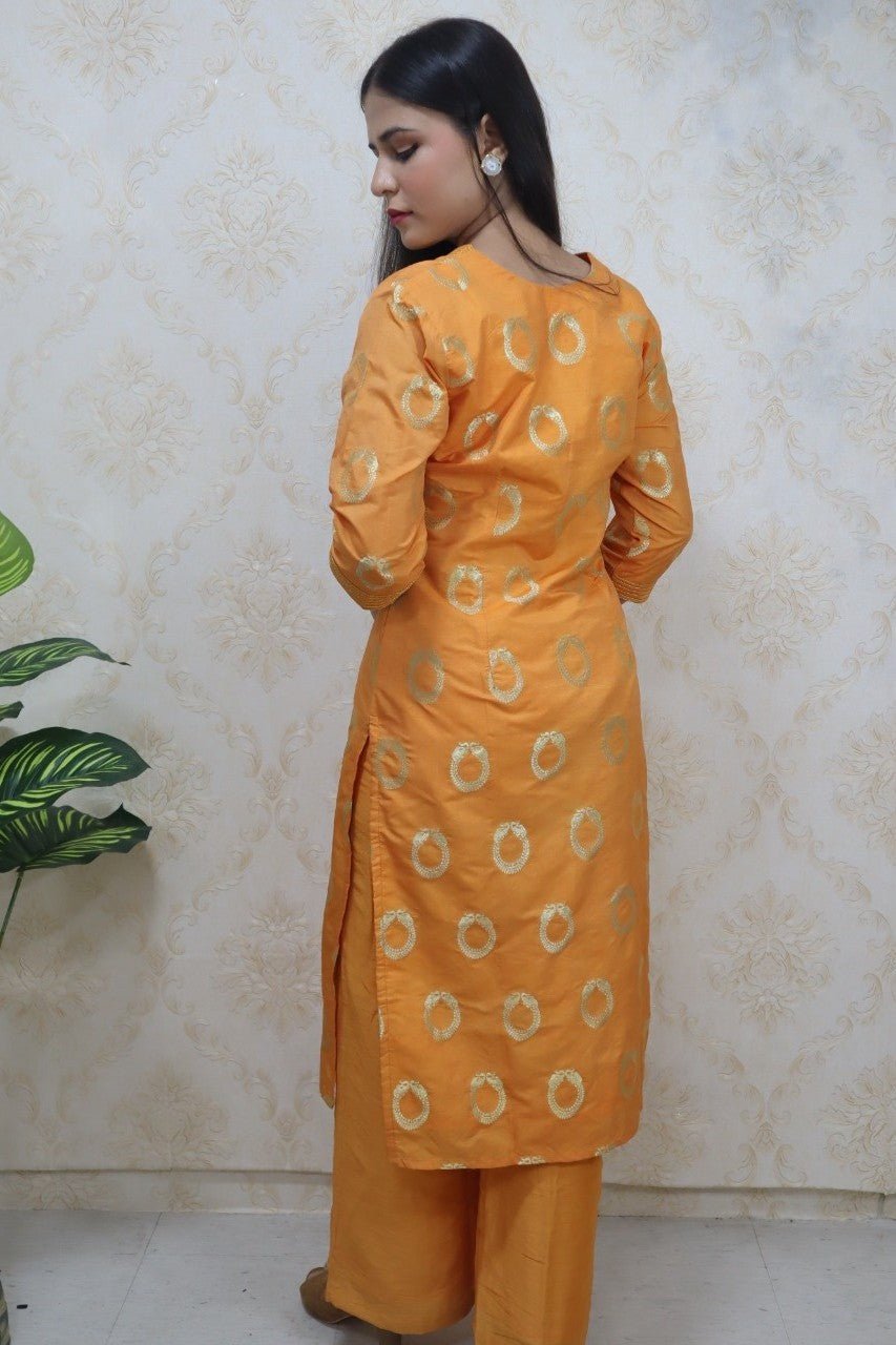 Orange Brocade V Neck Kurti With Straight Pant - Luxurion World
