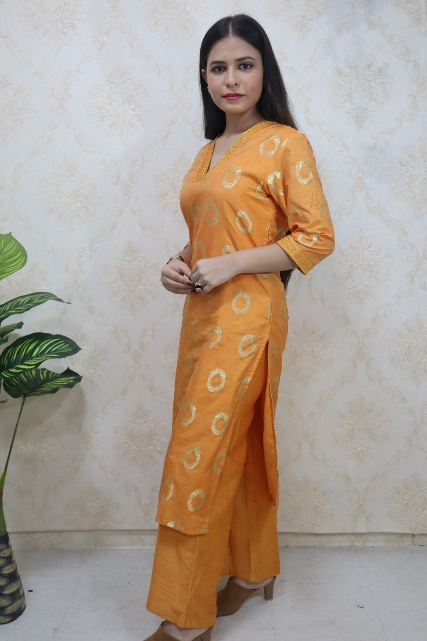 Orange Brocade V Neck Kurti With Straight Pant - Luxurion World