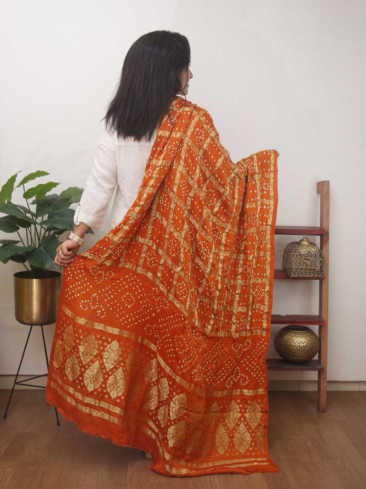 Orange Checks Bandhani Gajji Silk Gharchola Dupatta - Luxurion World