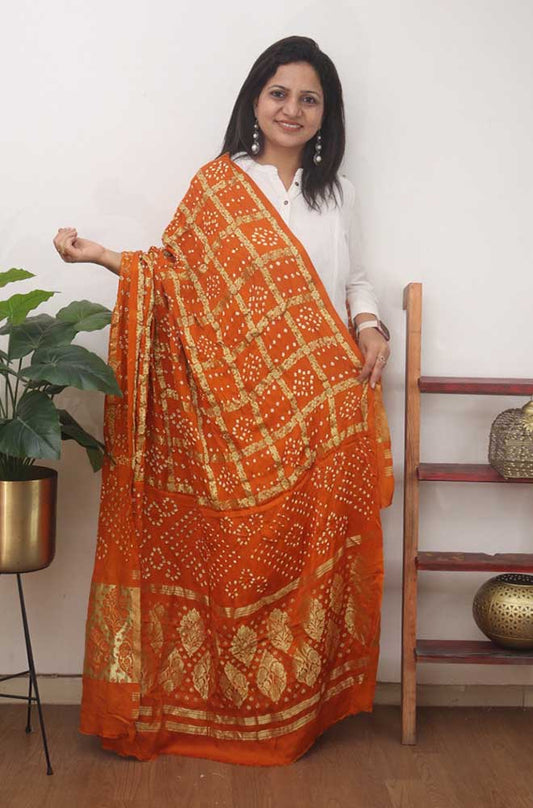 Orange Checks Bandhani Gajji Silk Gharchola Dupatta - Luxurion World