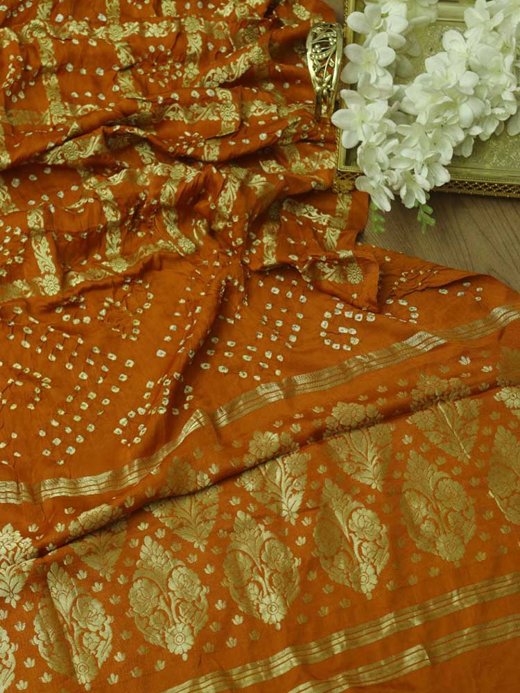 Orange Checks Bandhani Gajji Silk Gharchola Dupatta - Luxurion World