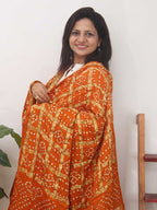 Orange Checks Bandhani Gajji Silk Gharchola Dupatta - Luxurion World