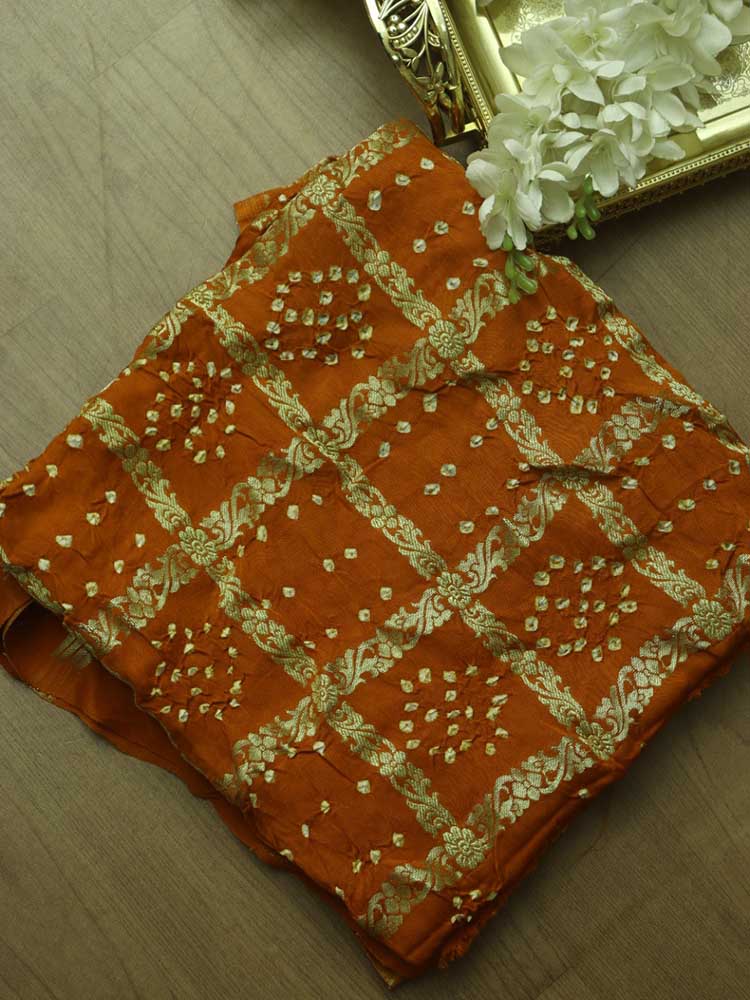 Orange Checks Bandhani Gajji Silk Gharchola Dupatta - Luxurion World
