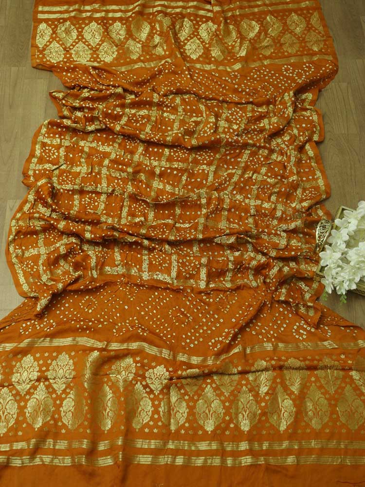 Orange Checks Bandhani Gajji Silk Gharchola Dupatta - Luxurion World