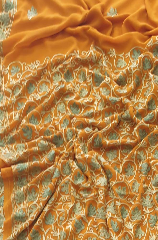 Orange Embroidered Kashmiri Aari Work Georgette Saree Luxurionworld
