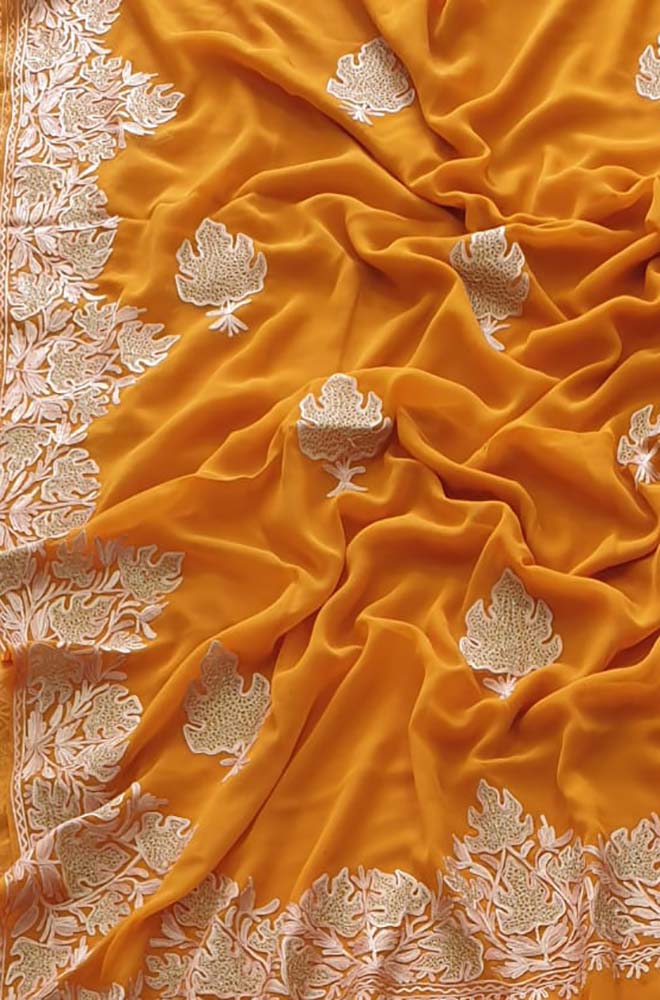 Orange Embroidered Kashmiri Aari Work Georgette Saree - Luxurion World