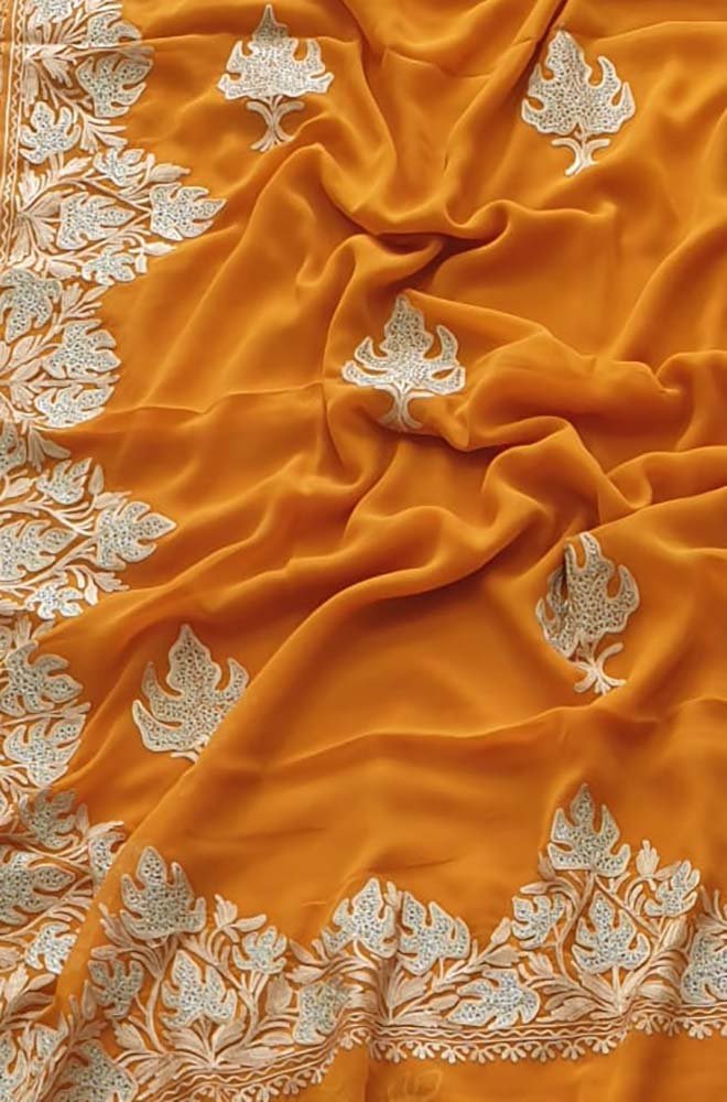 Orange Embroidered Kashmiri Aari Work Georgette Saree - Luxurion World