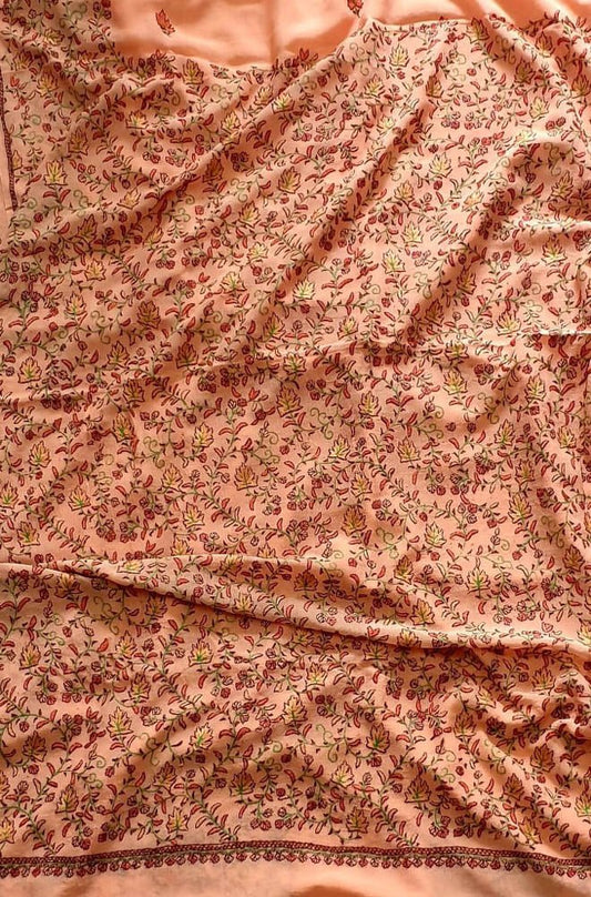 Orange Embroidered Kashmiri Sozni Work Crepe Flower Design Saree