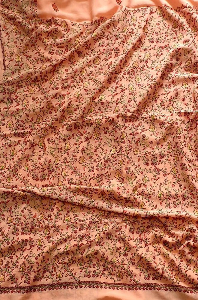 Orange Embroidered Kashmiri Sozni Work Crepe Flower Design Saree - Luxurion World