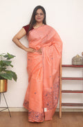 Orange Embroidered Kashmiri Sozni Work Pure Silk Saree - Luxurion World