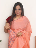 Orange Embroidered Kashmiri Sozni Work Pure Silk Saree - Luxurion World