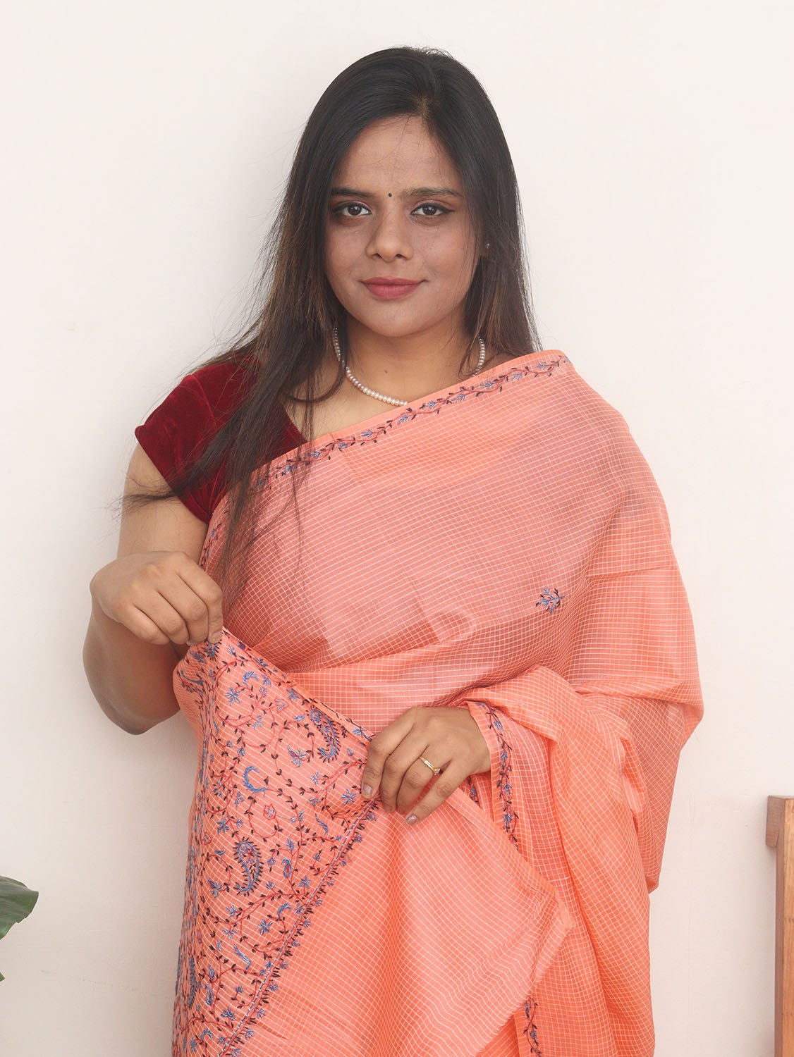 Orange Embroidered Kashmiri Sozni Work Pure Silk Saree - Luxurion World