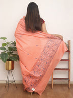 Orange Embroidered Kashmiri Sozni Work Pure Silk Saree - Luxurion World