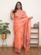 Orange Embroidered Kashmiri Sozni Work Pure Silk Saree - Luxurion World