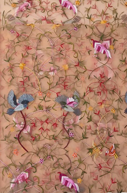 Orange Embroidered Parsi Convent Work Net Dupatta - Luxurion World