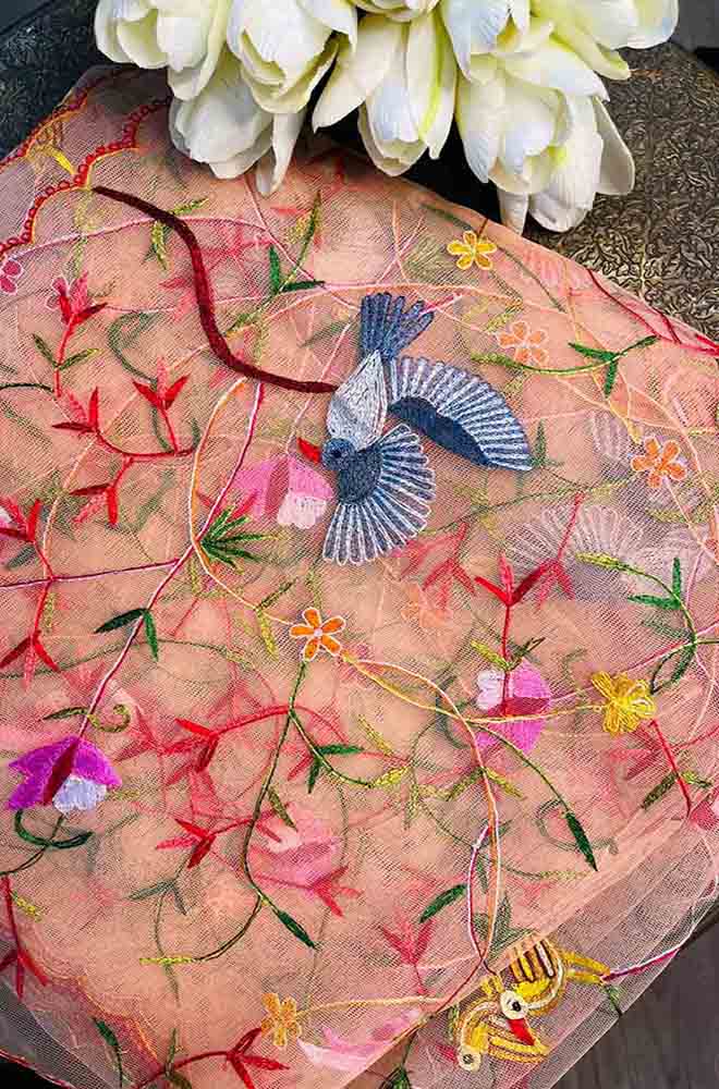 Orange Hand Embroidered Parsi Convent Work Net Dupatta - Luxurion World