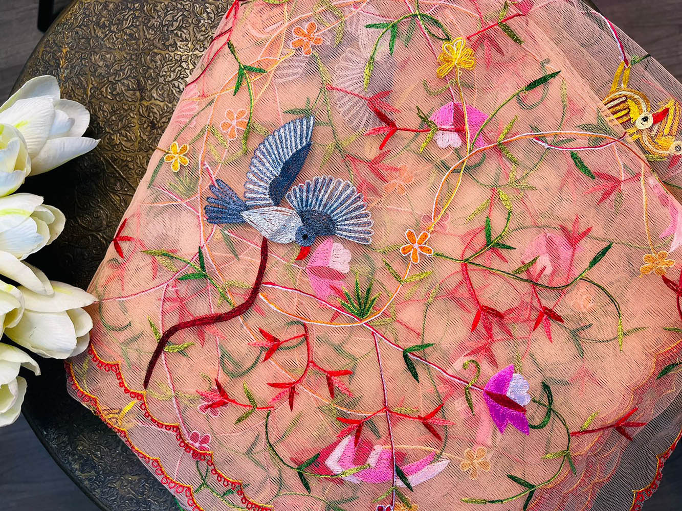 Orange Hand Embroidered Parsi Convent Work Net Dupatta - Luxurion World