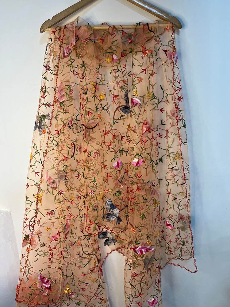 Orange Hand Embroidered Parsi Convent Work Net Dupatta - Luxurion World