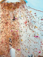 Orange Hand Embroidered Parsi Convent Work Net Dupatta - Luxurion World