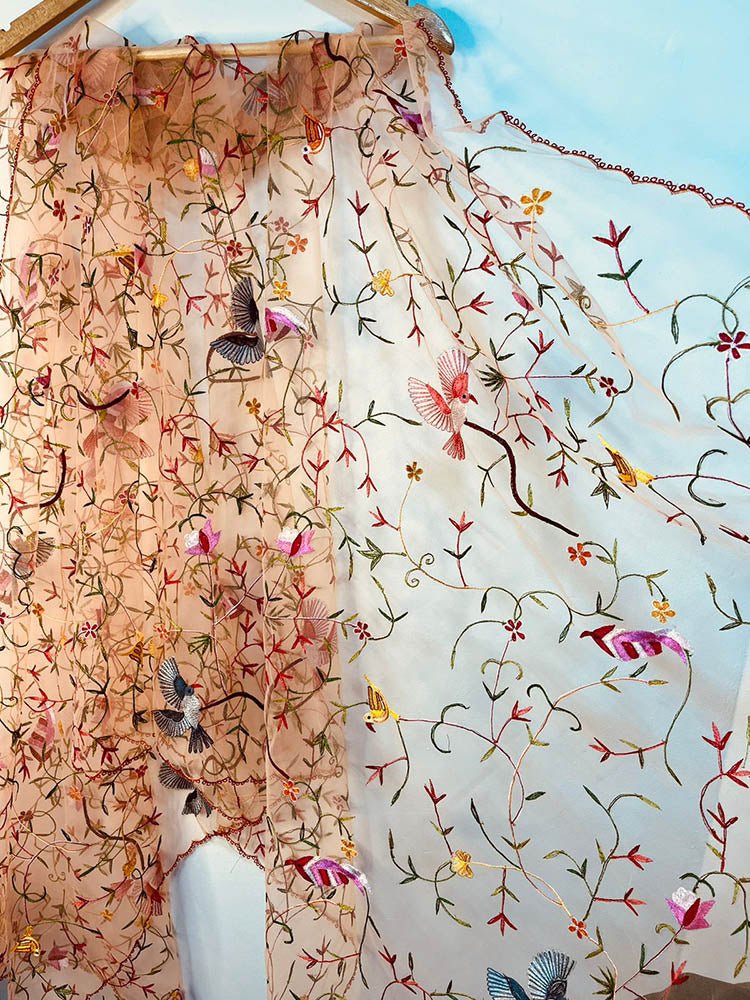 Orange Hand Embroidered Parsi Convent Work Net Dupatta - Luxurion World