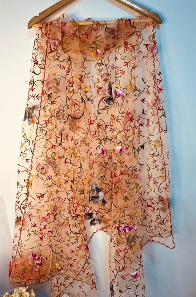 Orange Hand Embroidered Parsi Convent Work Net Dupatta - Luxurion World