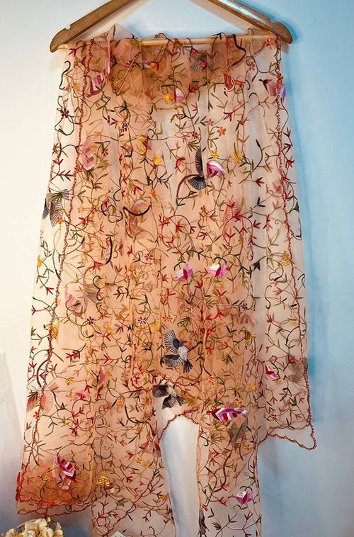 Orange Hand Embroidered Parsi Convent Work Net Dupatta - Luxurion World