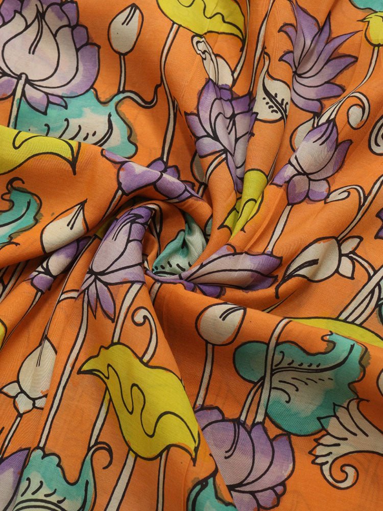Orange Hand Painted Kalamkari Pure Silk Fabric ( 1 Mtr ) - Luxurion World