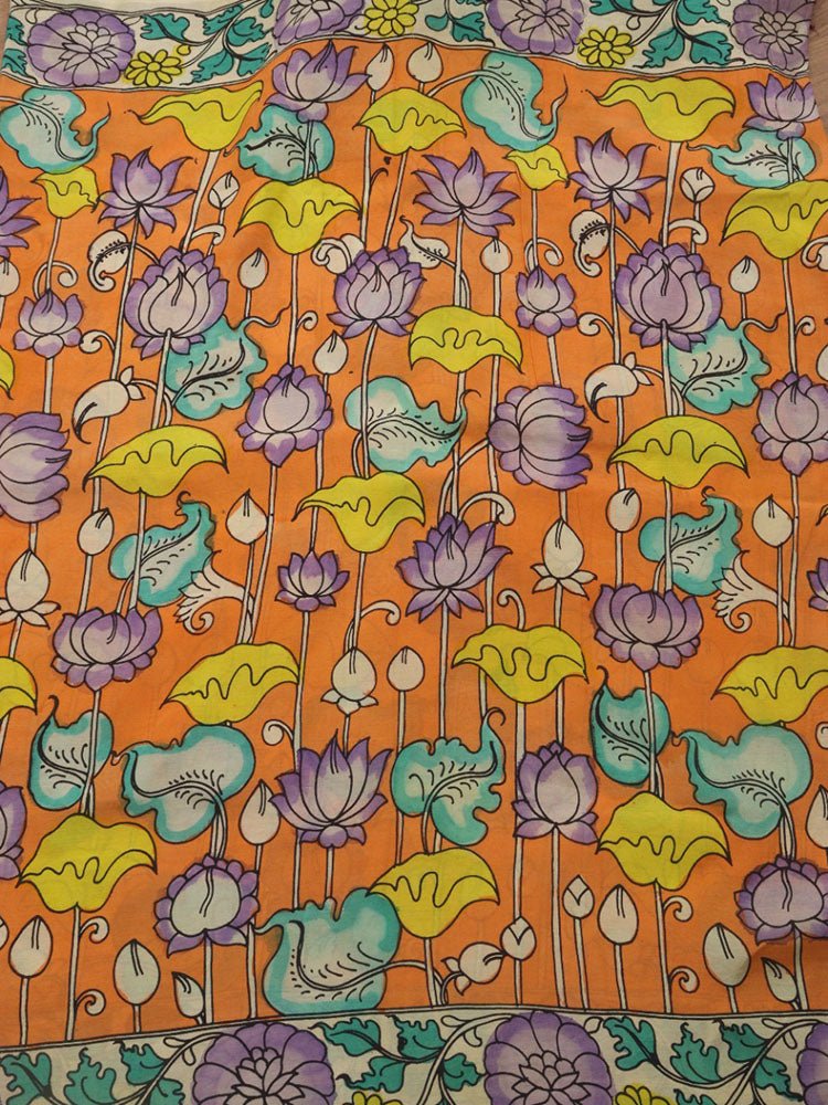 Orange Hand Painted Kalamkari Pure Silk Fabric ( 1 Mtr )
