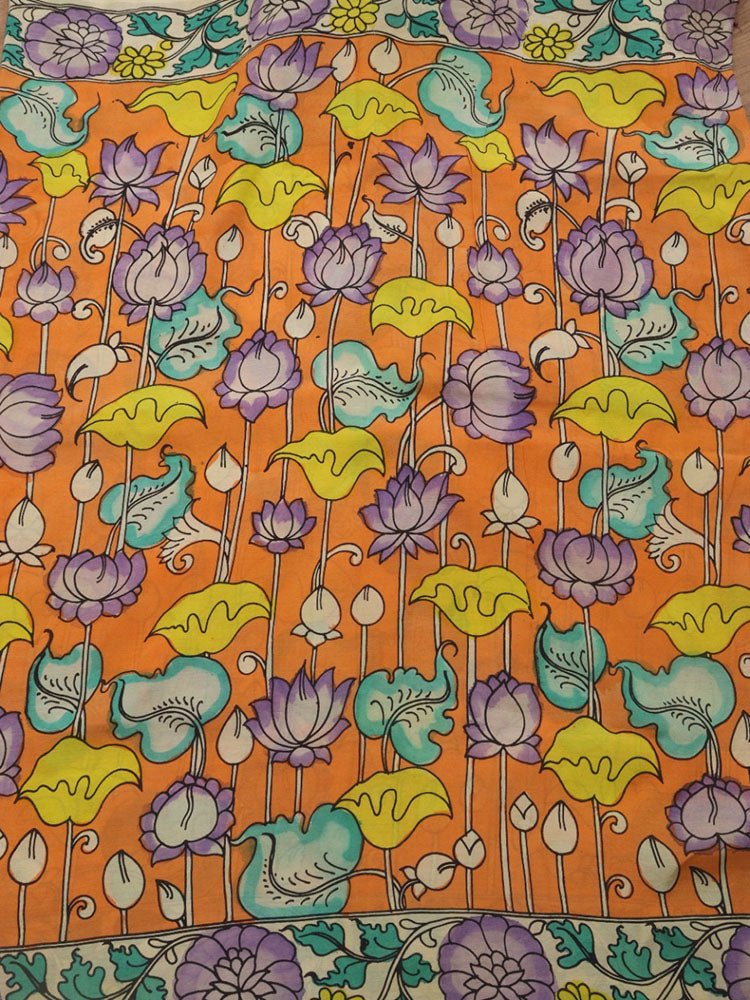Orange Hand Painted Kalamkari Pure Silk Fabric ( 1 Mtr ) - Luxurion World