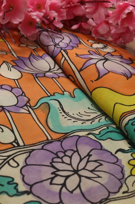 Orange Hand Painted Kalamkari Pure Silk Fabric ( 1 Mtr ) - Luxurion World