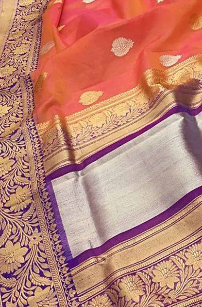 Orange Handloom Banarasi Kora Organza Silk Saree Luxurionworld