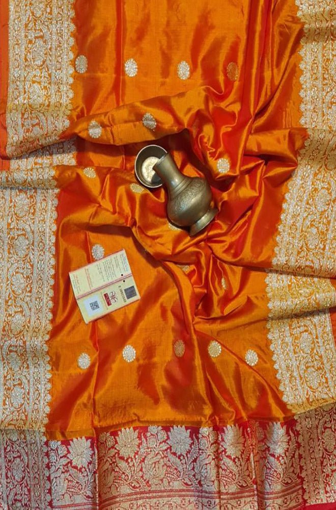 Orange Handloom Banarasi Pure Katan Silk Kadwa Dupatta - Luxurion World