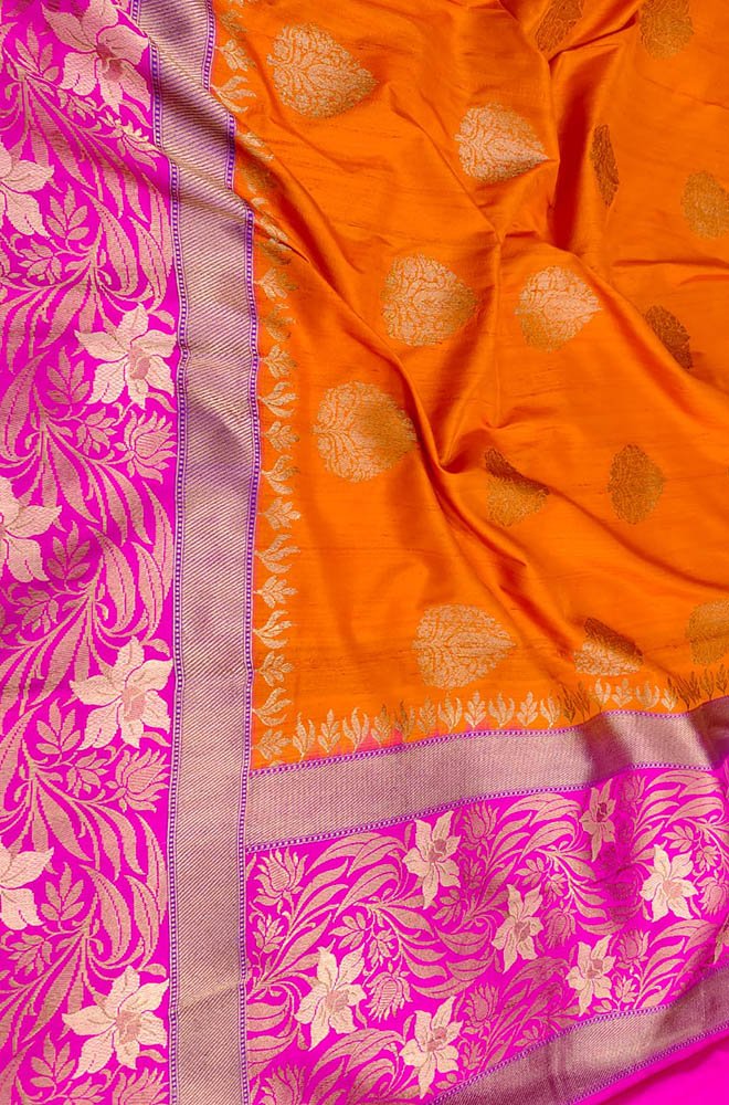 Orange Handloom Banarasi Pure Tussar Silk Saree - Luxurion World