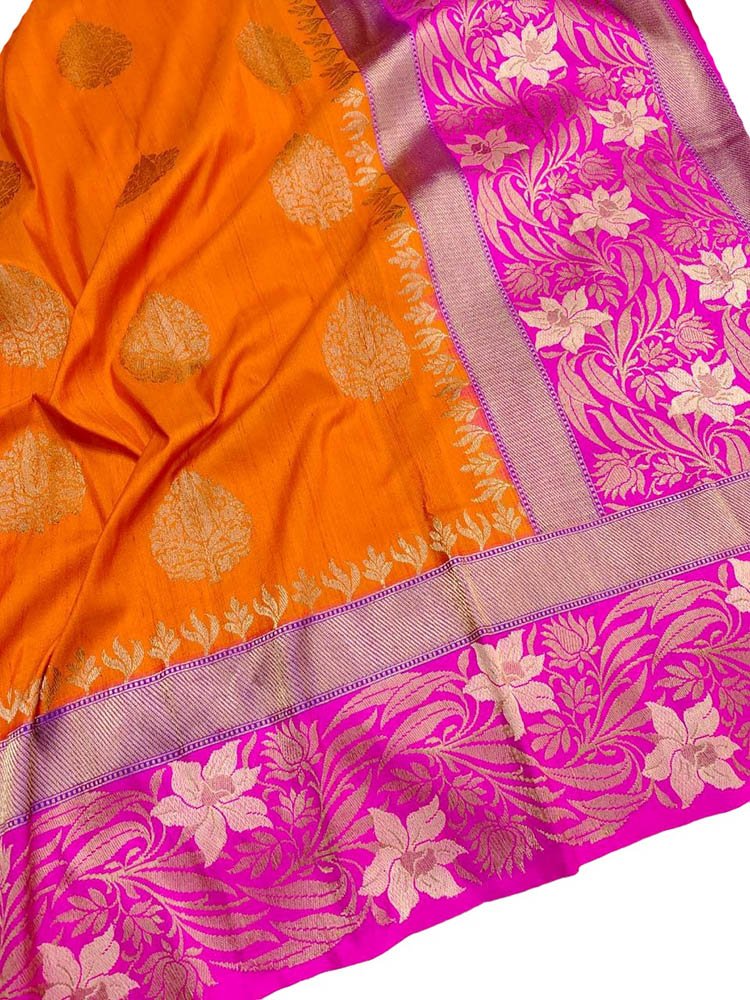 Orange Handloom Banarasi Pure Tussar Silk Saree - Luxurion World