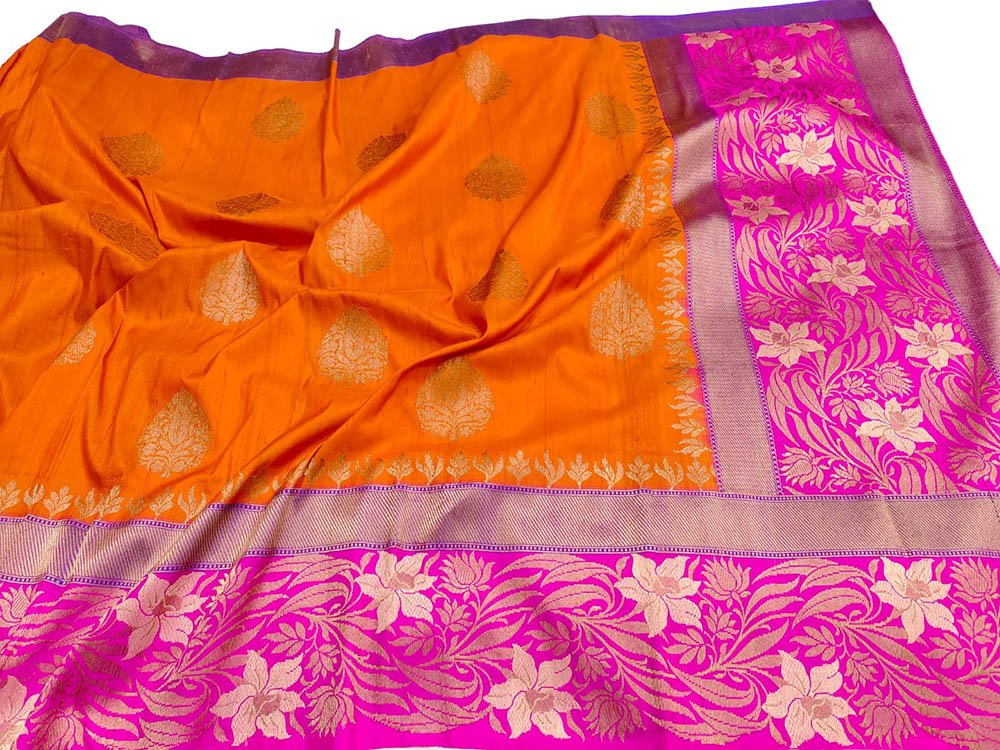 Orange Handloom Banarasi Pure Tussar Silk Saree - Luxurion World