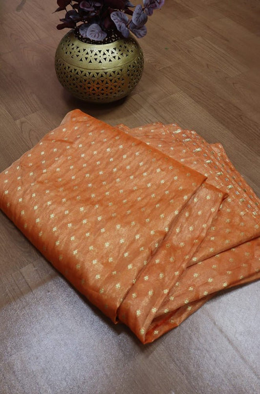 Orange Handloom Banarasi Tissue Silk Fabric (1 Mtr) - Luxurion World