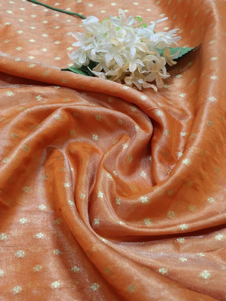 Orange Handloom Banarasi Tissue Silk Fabric (1 Mtr) - Luxurion World