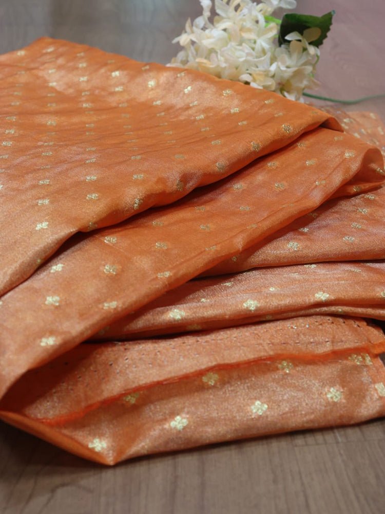 Orange Handloom Banarasi Tissue Silk Fabric (1 Mtr) - Luxurion World