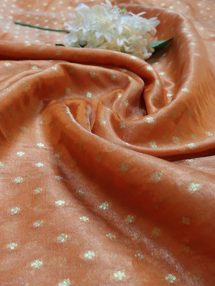 Orange Handloom Banarasi Tissue Silk Fabric (1 Mtr) - Luxurion World